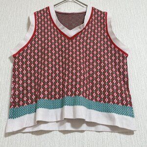 Diamo Pattern Knit Vest V-Neck Red Vest